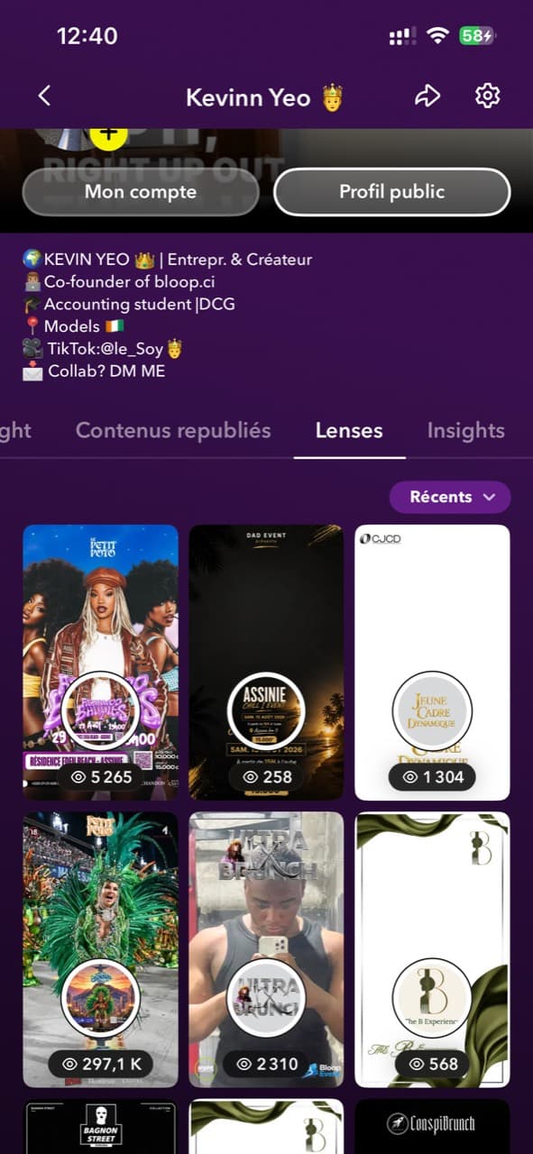 Tableau de créations Snapchat Lens de Kevin Zié Yeo présentant plusieurs expériences visuelles événementielles.